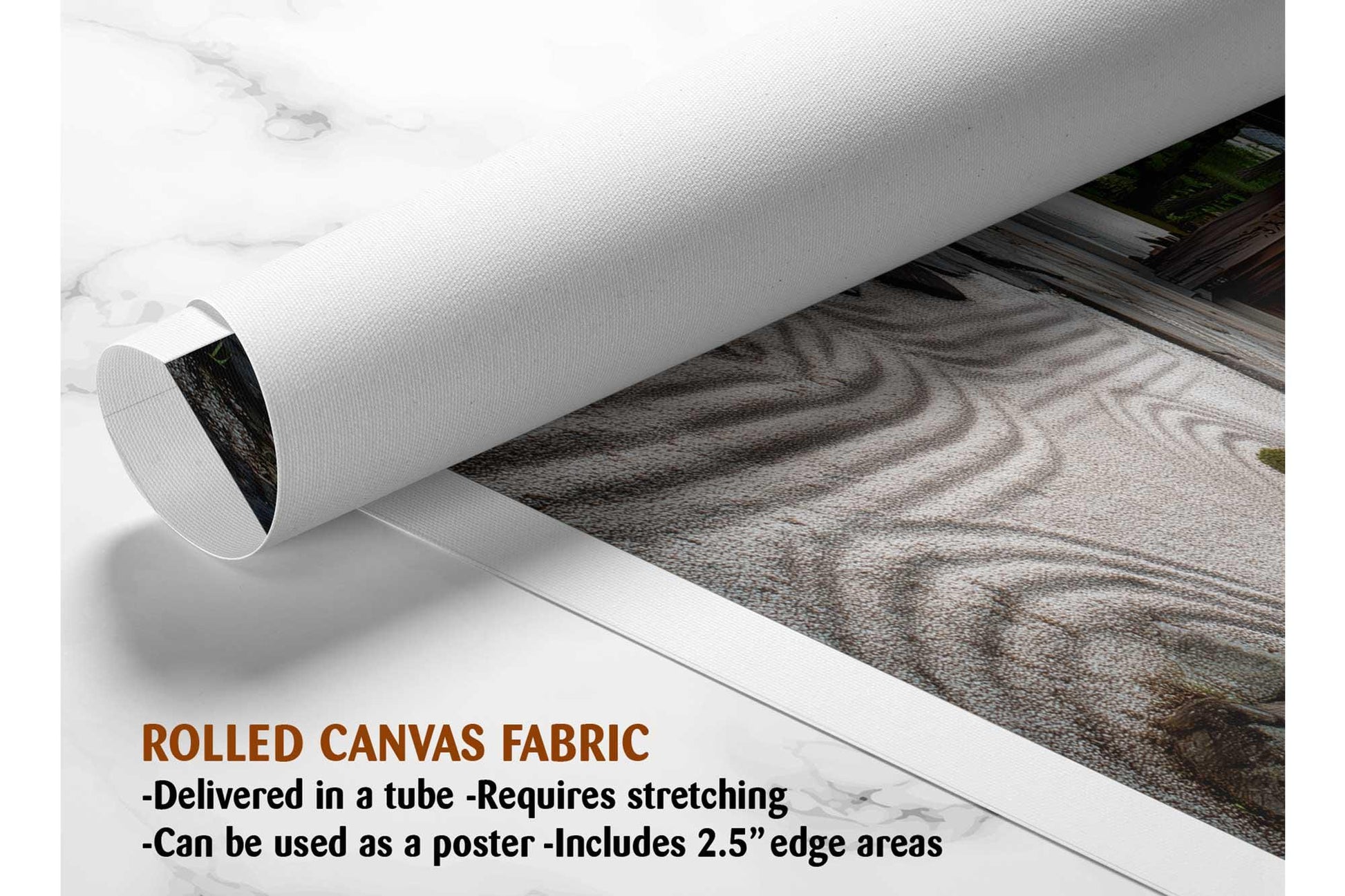 The image is a rolled canvas fabric, which is a type of canvas material used for painting or printing. It is described as a tube-delivered fabric, which means it is delivered in a tube and requires stretching before use. It can be used as a poster with a 2.5&quot; edge area.