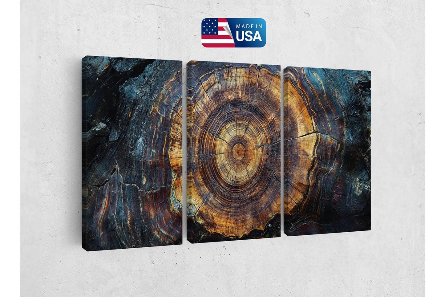 three pieces of art on a wall with the american flag in the background