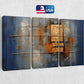 a painting of a rusted metal structure with a us flag in the background