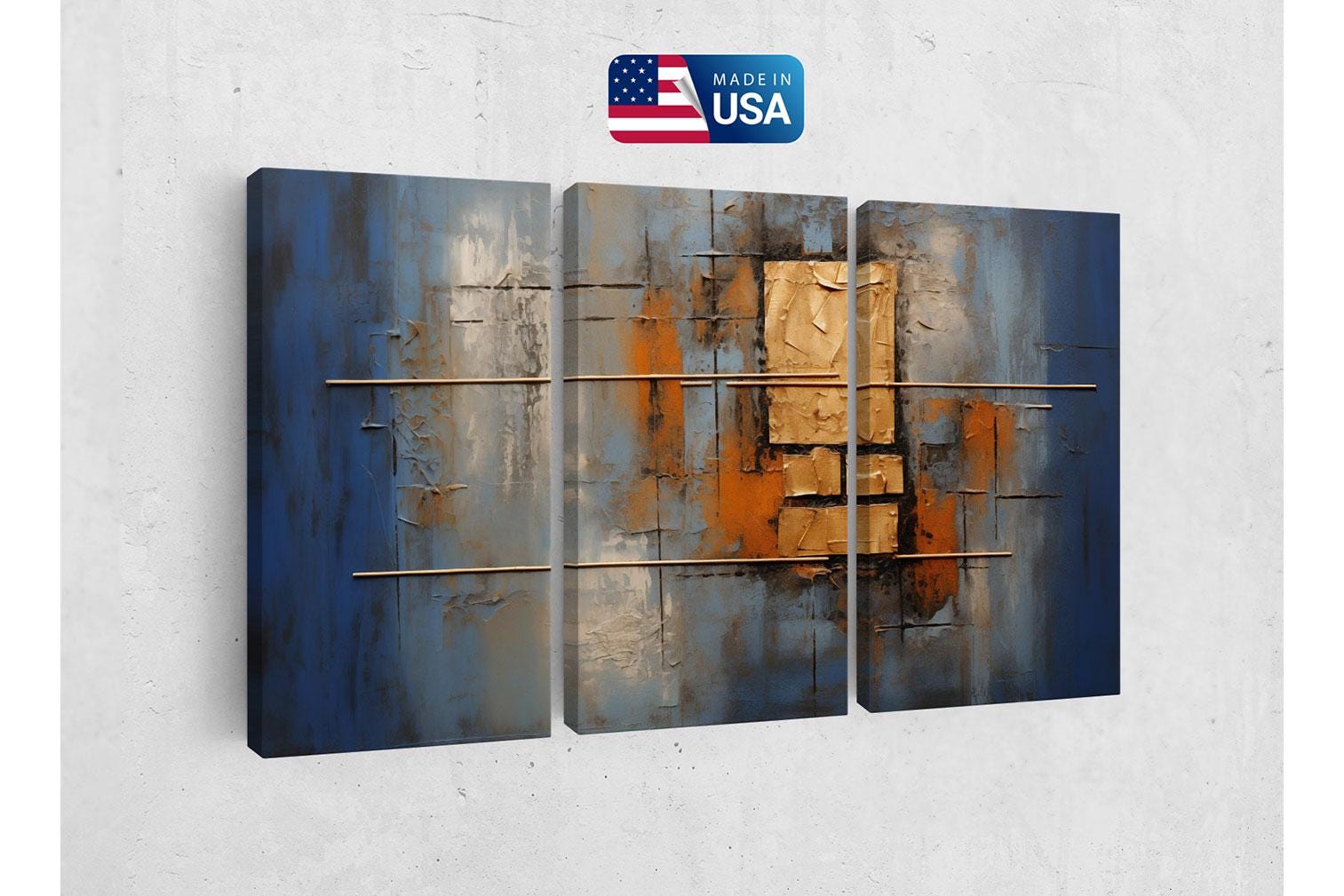 a painting of a rusted metal structure with a us flag in the background