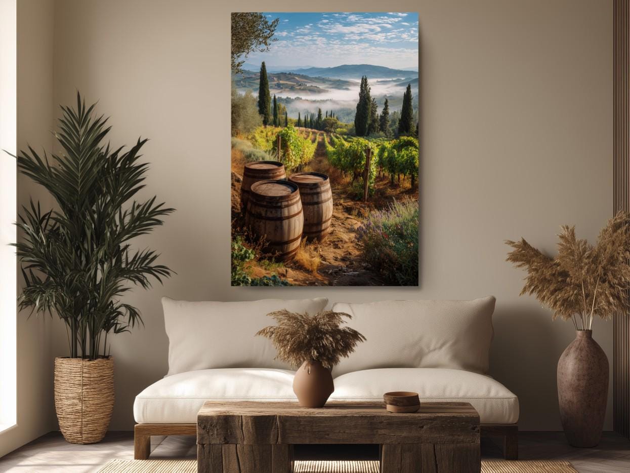 a cozy living room with a large painting of a vineyard scene hanging on the wall. The painting showcases a picturesque landscape with rolling hills, lush greenery, and a cluster of barrels in the foreground. The room is decorated with potted plants, a wooden coffee table, and a vase, creating a warm and inviting atmosphere.