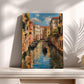 a painting of a canal in Venice, Italy, with colorful buildings lining the waterway and a gondola floating on the canal.