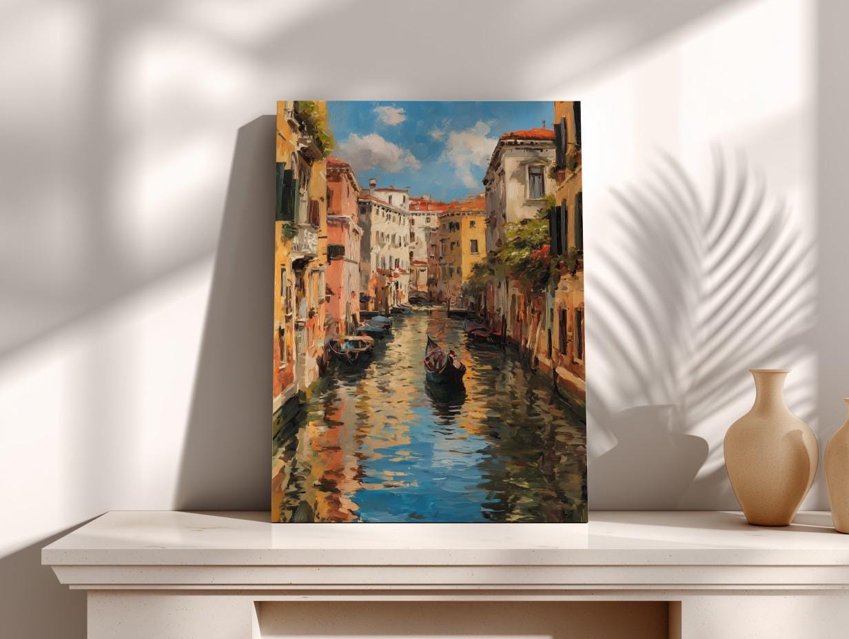 a painting of a canal in Venice, Italy, with colorful buildings lining the waterway and a gondola floating on the canal.