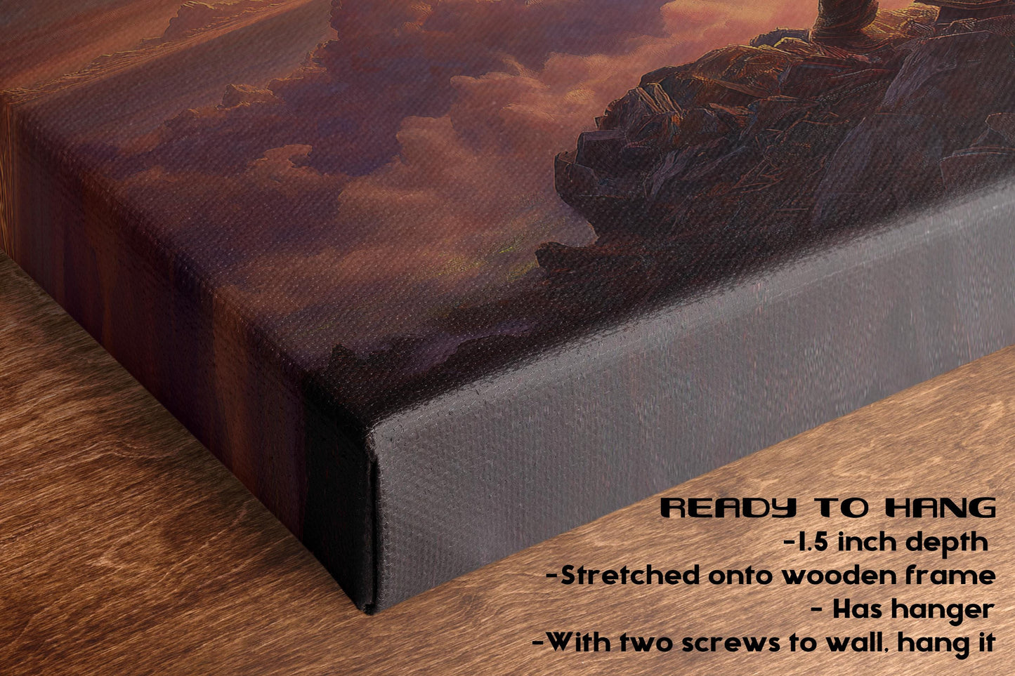 The image is a close-up of a canvas print featuring a landscape with mountains and clouds. The print is stretched onto a wooden frame and has a 1.5-inch depth. It is hung on a wall with two screws, and the print is described as having a wooden frame and a hanger.