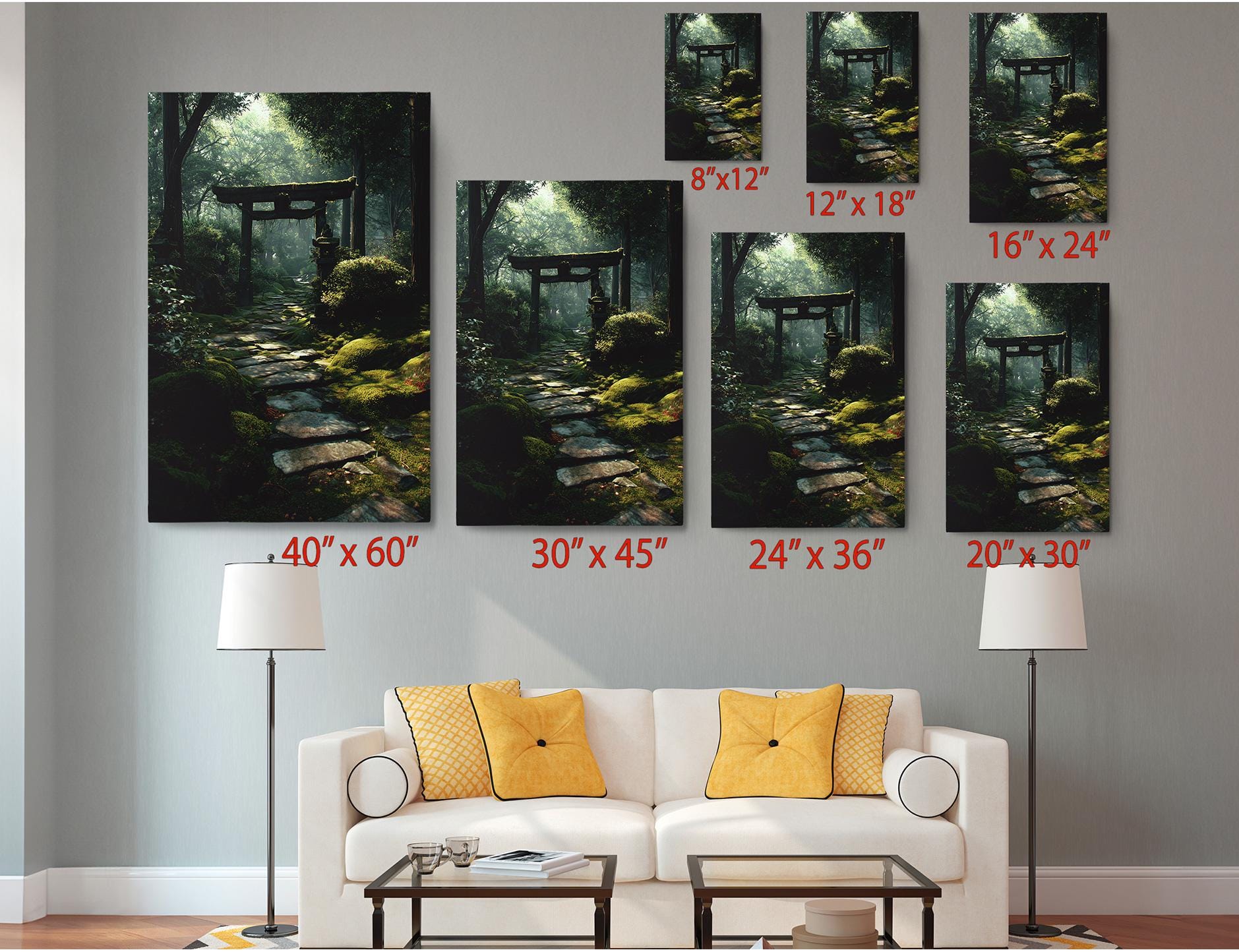The image is a living room with a white sofa and a coffee table. Above the sofa, there are six framed prints of a forest scene, each with a different size and orientation. The prints are arranged in a grid-like pattern on the wall, with each print having a corresponding size and orientation label.