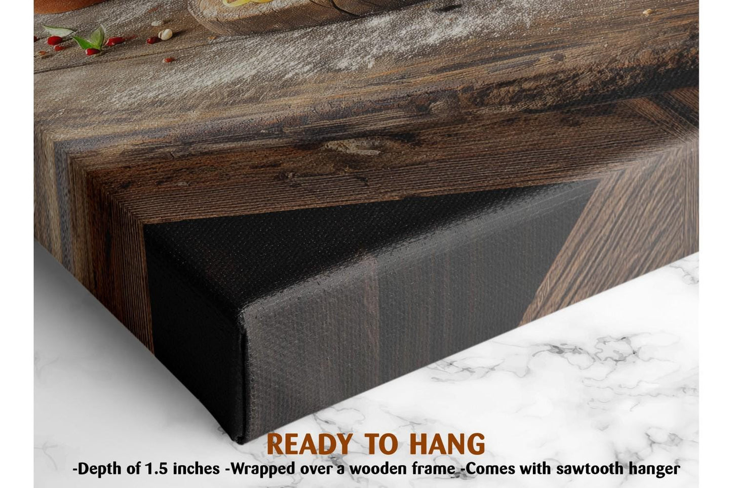 The image is a close-up of a wooden frame with a black background, and there are some small objects on the frame. The text below the image reads &quot;READY TO HANG&quot; and &quot; Depth of 1.5 inches - Wrapped over a wooden frame - Comes with sawtooth hanger&quot;.