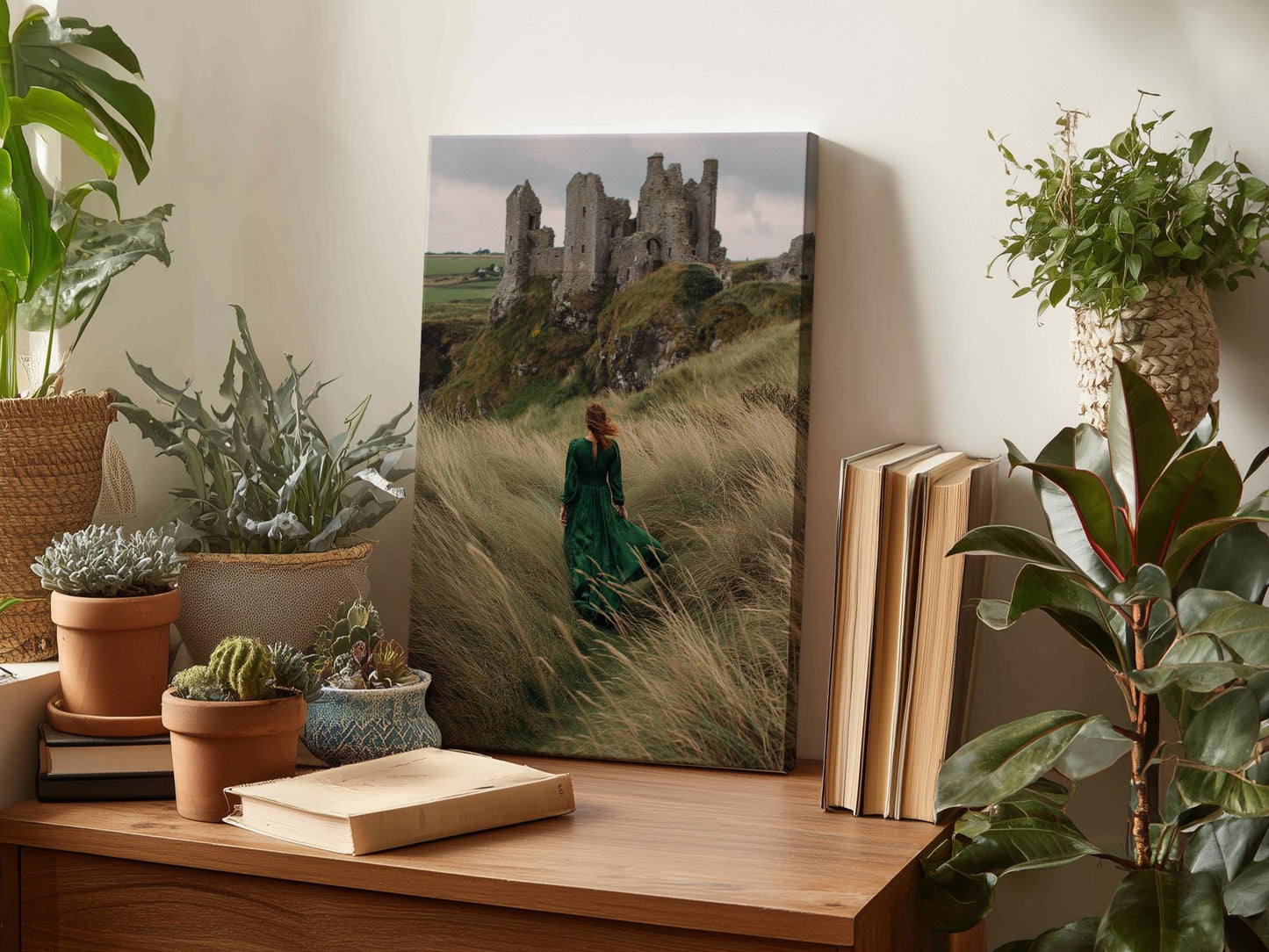 a woman in a green dress walking through a grassy field with a castle in the background.