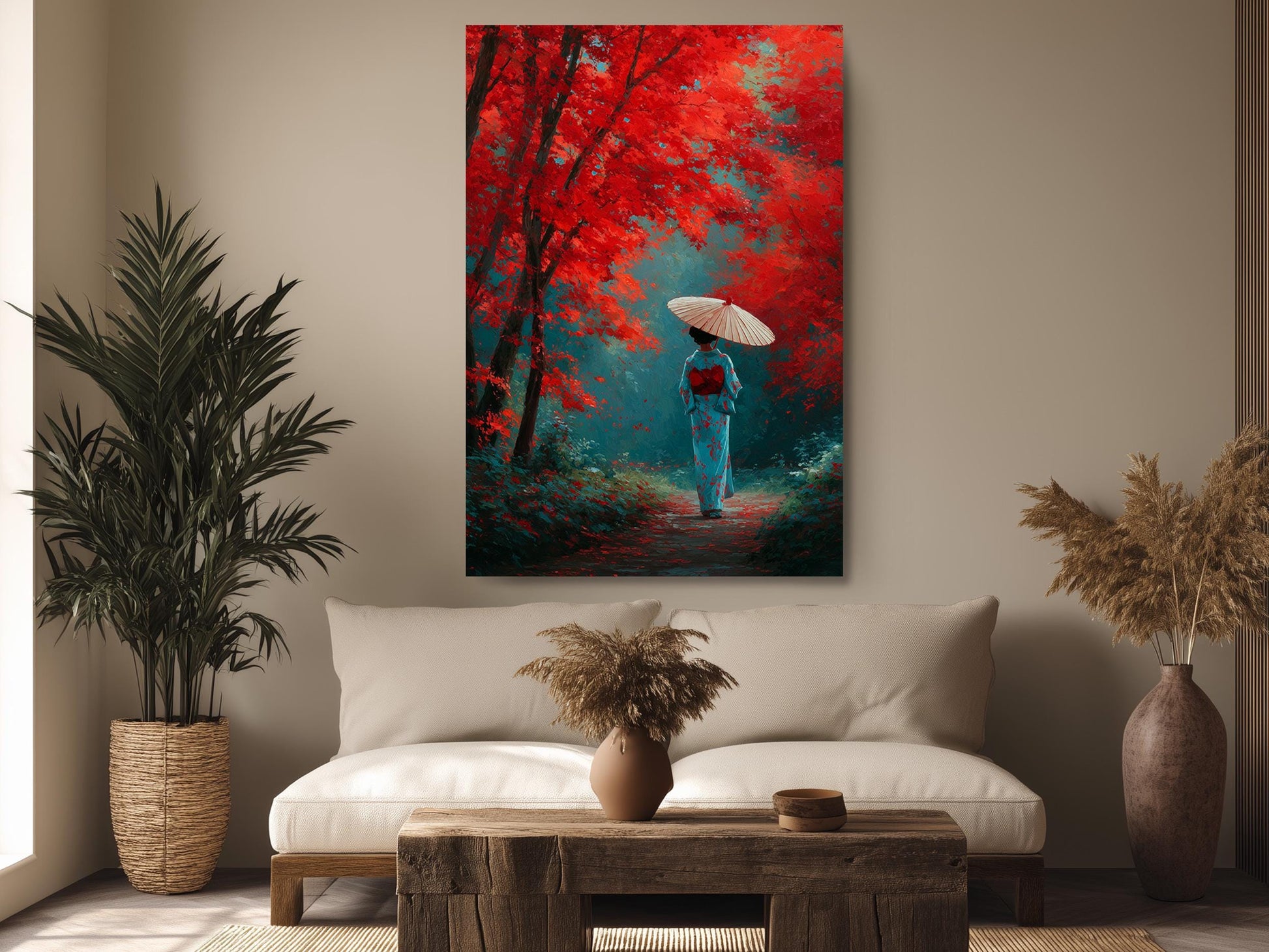 a serene scene of a person in a blue kimono walking along a path through a forest of red trees, holding an umbrella.