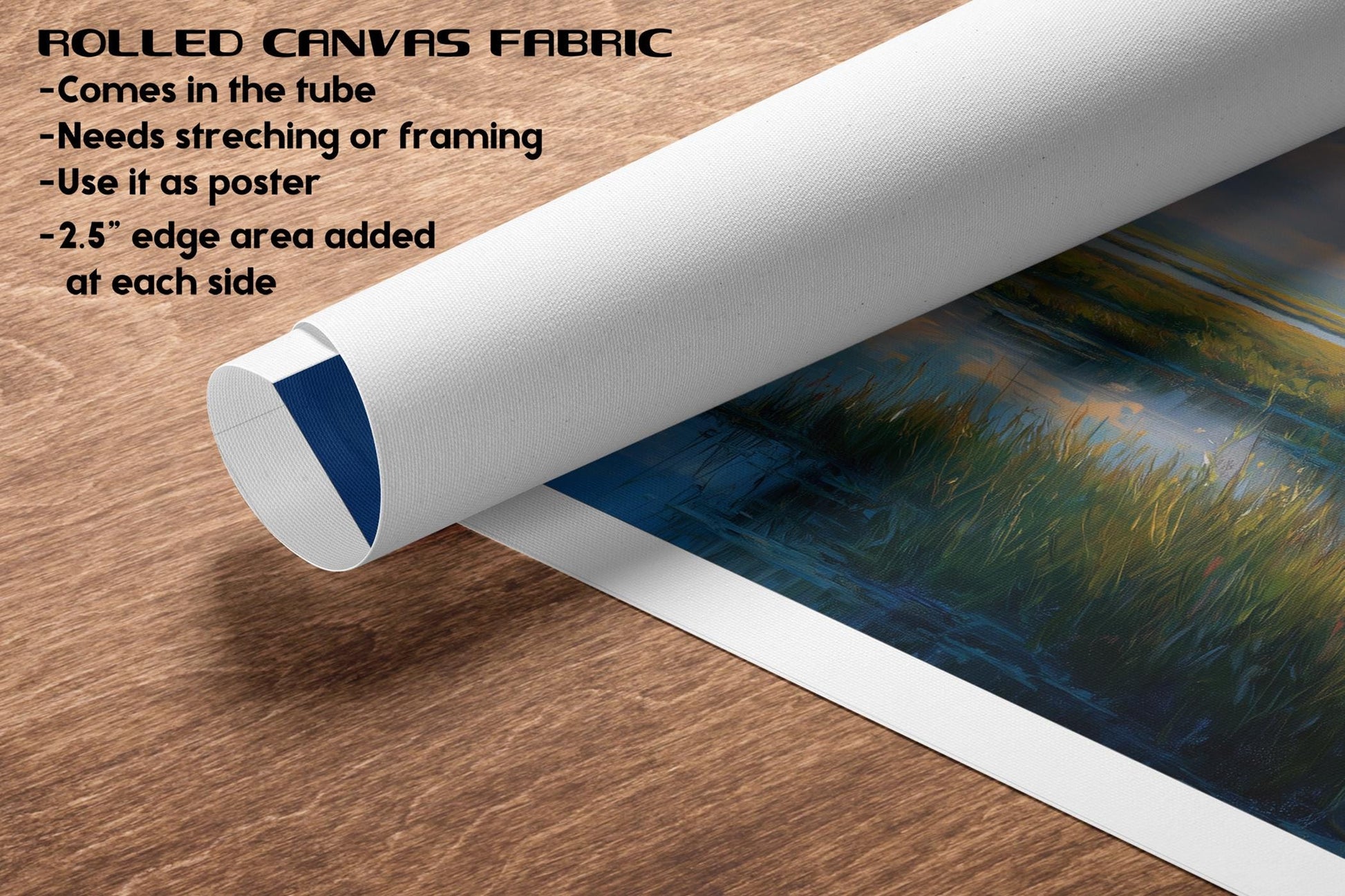 a rolled canvas fabric with a painting of a landscape on it, placed on a wooden surface.