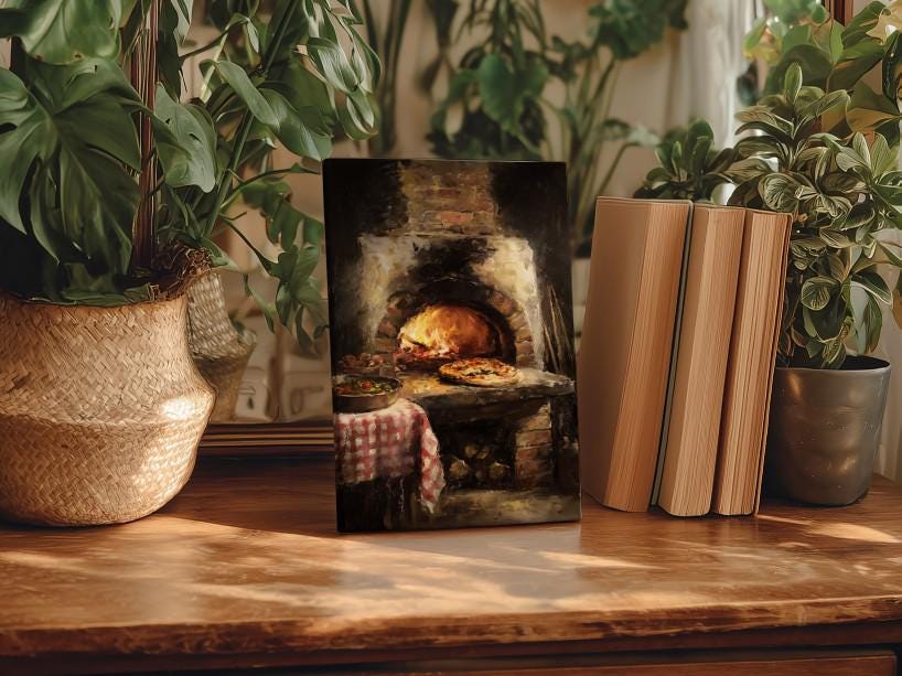 a cozy indoor setting with a rustic brick oven, a table with a pizza, and a basket of fresh herbs. The scene is surrounded by lush green plants, creating a warm and inviting atmosphere.