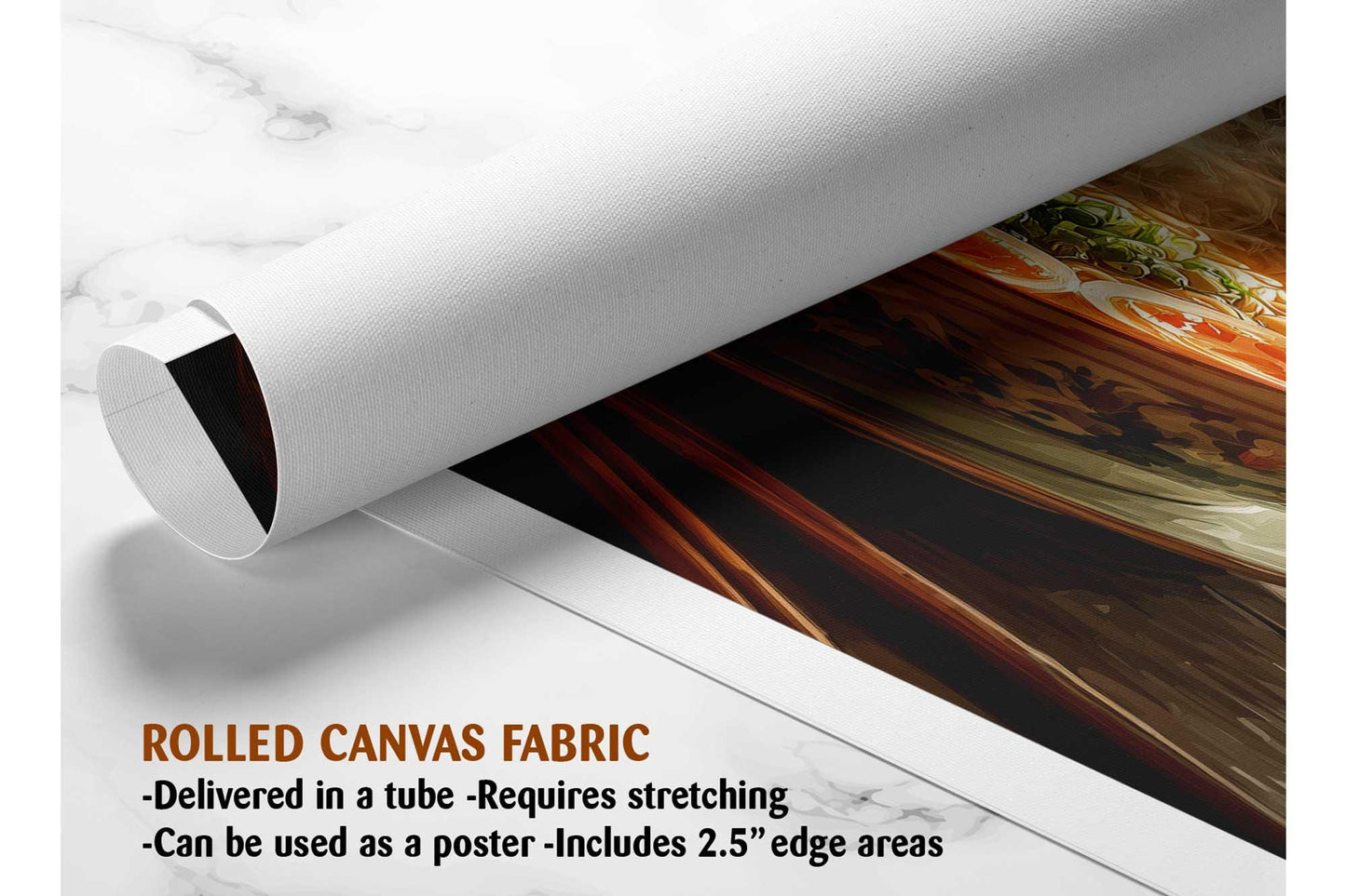 The image is a rolled canvas fabric, which is a type of canvas material used for painting or printing. It is described as a tube-delivered fabric, which means it is delivered in a tube and requires stretching before use. The fabric can be used as a poster, with a 2.5&quot; edge area.