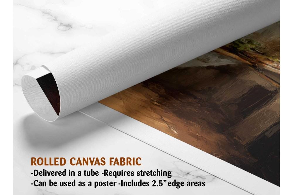 The image is a rolled canvas fabric, which is a type of canvas material used for painting or printing. It is described as a tube-delivered canvas fabric, which means it is delivered in a tube and requires stretching before use. It can be used as a poster with a 2.5&quot; edge area.