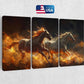 three horses running through a fire with the american flag in the background