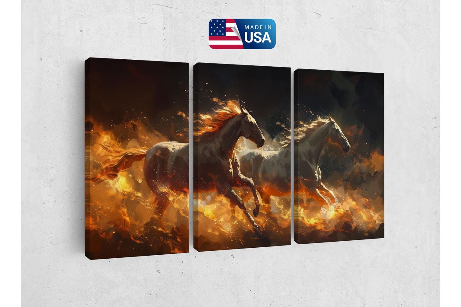 three horses running through a fire with the american flag in the background