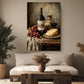 a cozy living room with a large painting of a still life arrangement of wine, cheese, and grapes on a wooden table, along with a vase of dried flowers and a potted plant.