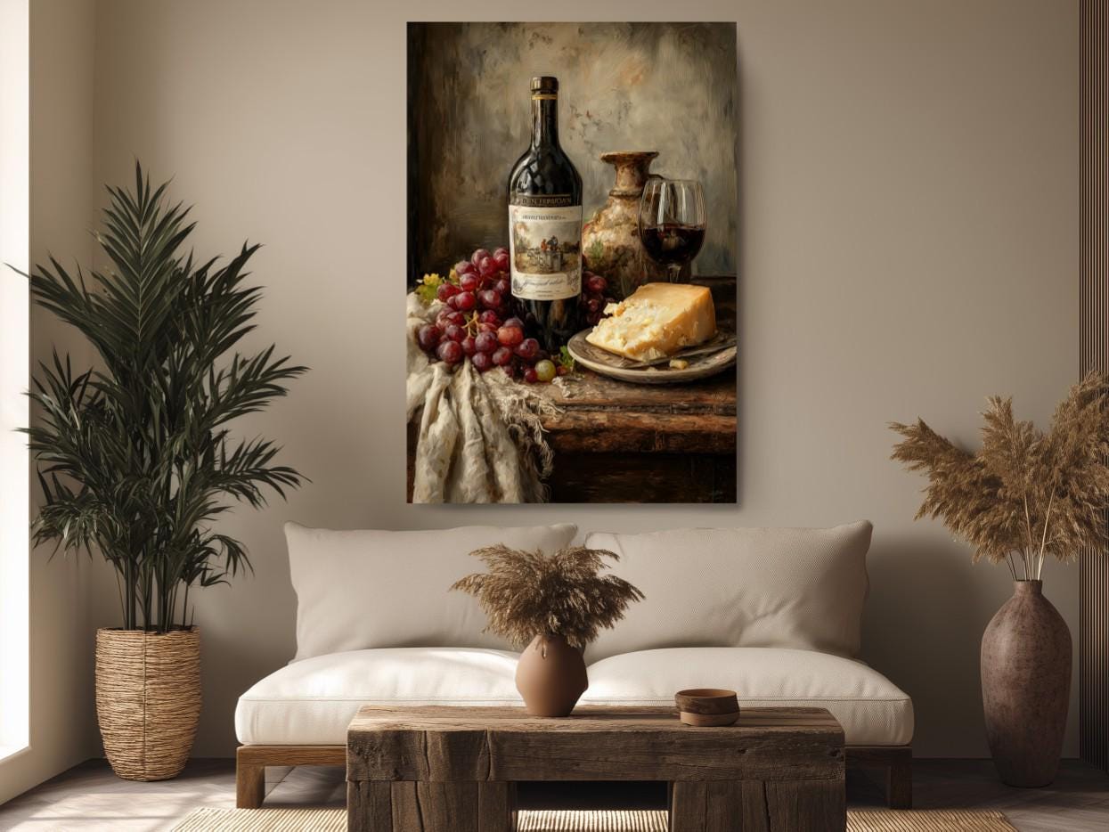a cozy living room with a large painting of a still life arrangement of wine, cheese, and grapes on a wooden table, along with a vase of dried flowers and a potted plant.