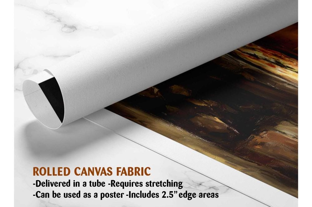 The image is a rolled canvas fabric, which is a type of canvas material used for painting or printing. It is described as a tube-delivered fabric that requires stretching and can be used as a poster with a 2.5&quot; edge.