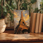 a wooden table with a framed painting of the Eiffel Tower in the center, surrounded by potted plants and books.