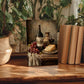 a still life painting of a table with a bottle of wine, a plate of cheese, and a bunch of grapes, surrounded by potted plants and books.
