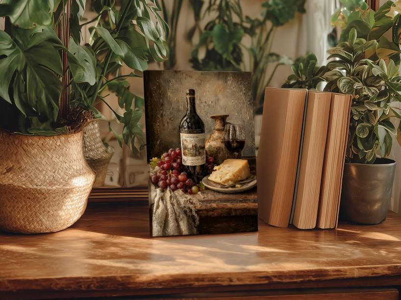 a still life painting of a table with a bottle of wine, a plate of cheese, and a bunch of grapes, surrounded by potted plants and books.