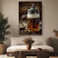 a cozy living room with a large mug of beer on a wooden table, a potted plant, and a wooden coffee table.