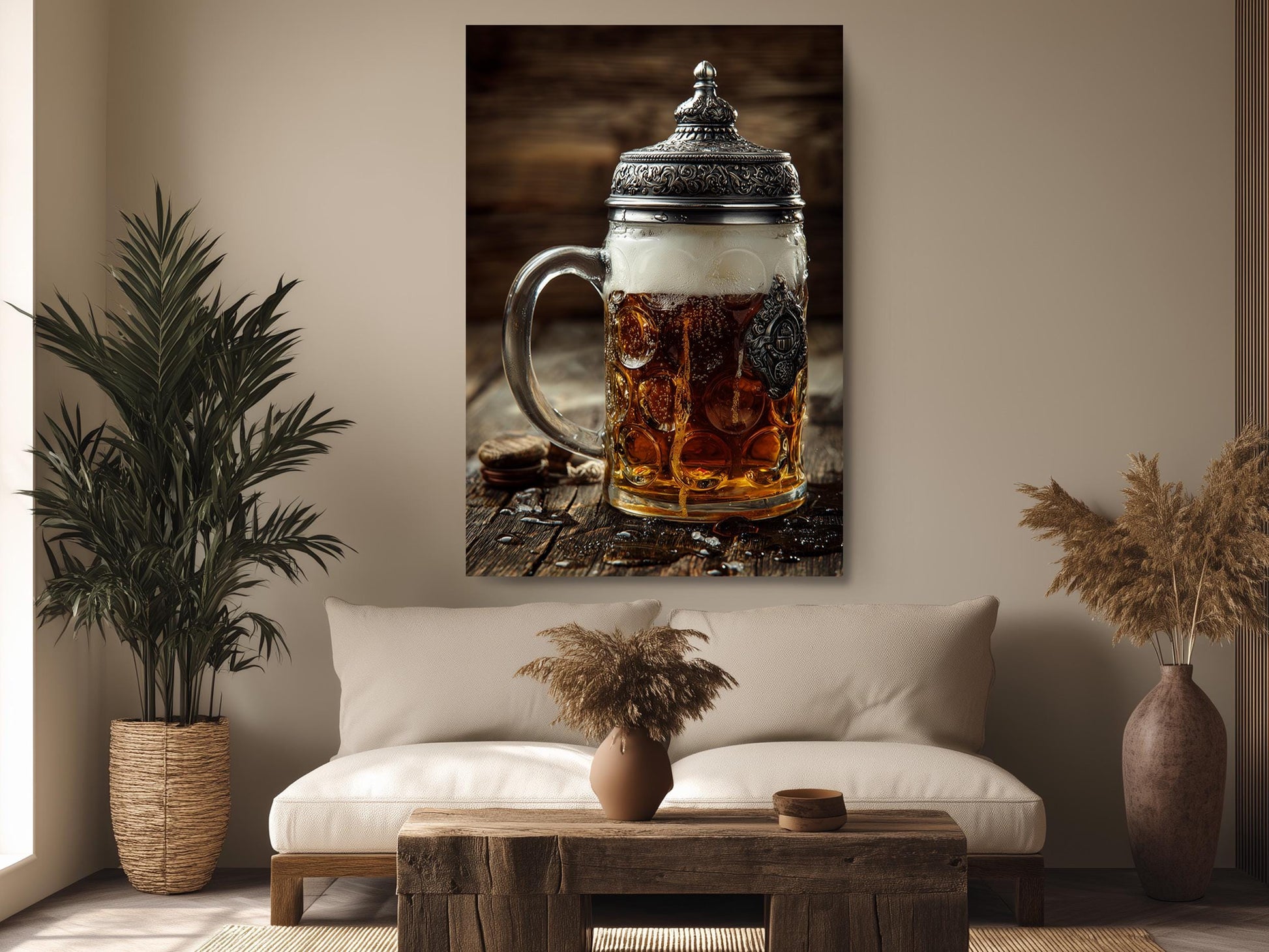a cozy living room with a large mug of beer on a wooden table, a potted plant, and a wooden coffee table.