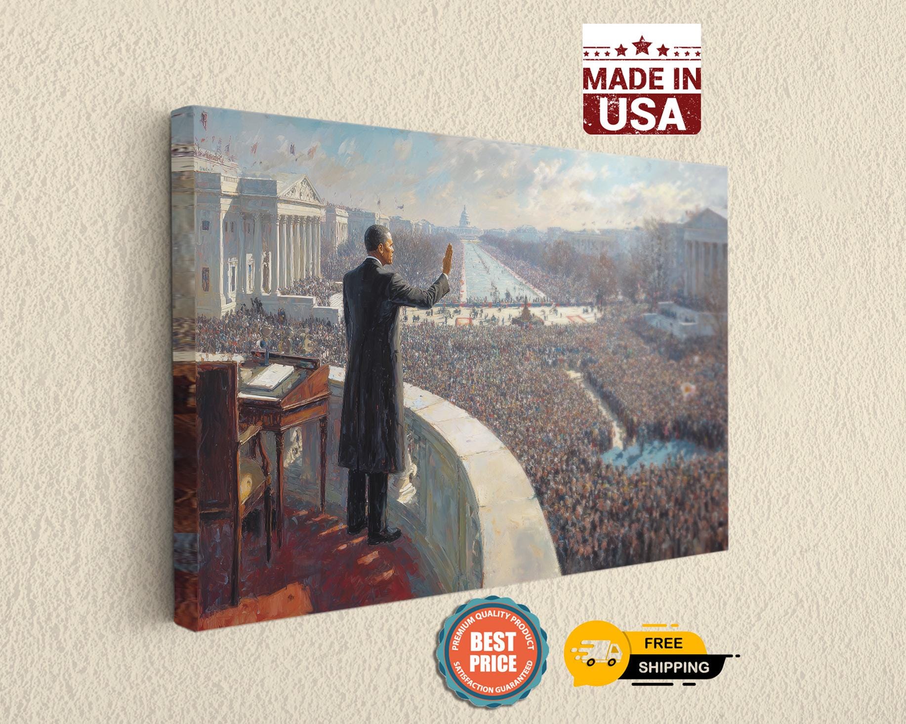 The image is a painting depicting a man standing on a balcony or platform, addressing a large crowd of people below him. The painting is set against a backdrop of a cityscape, with buildings and a river visible in the background.