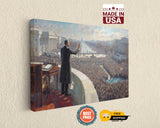 The image is a painting depicting a man standing on a balcony or platform, addressing a large crowd of people below him. The painting is set against a backdrop of a cityscape, with buildings and a river visible in the background.