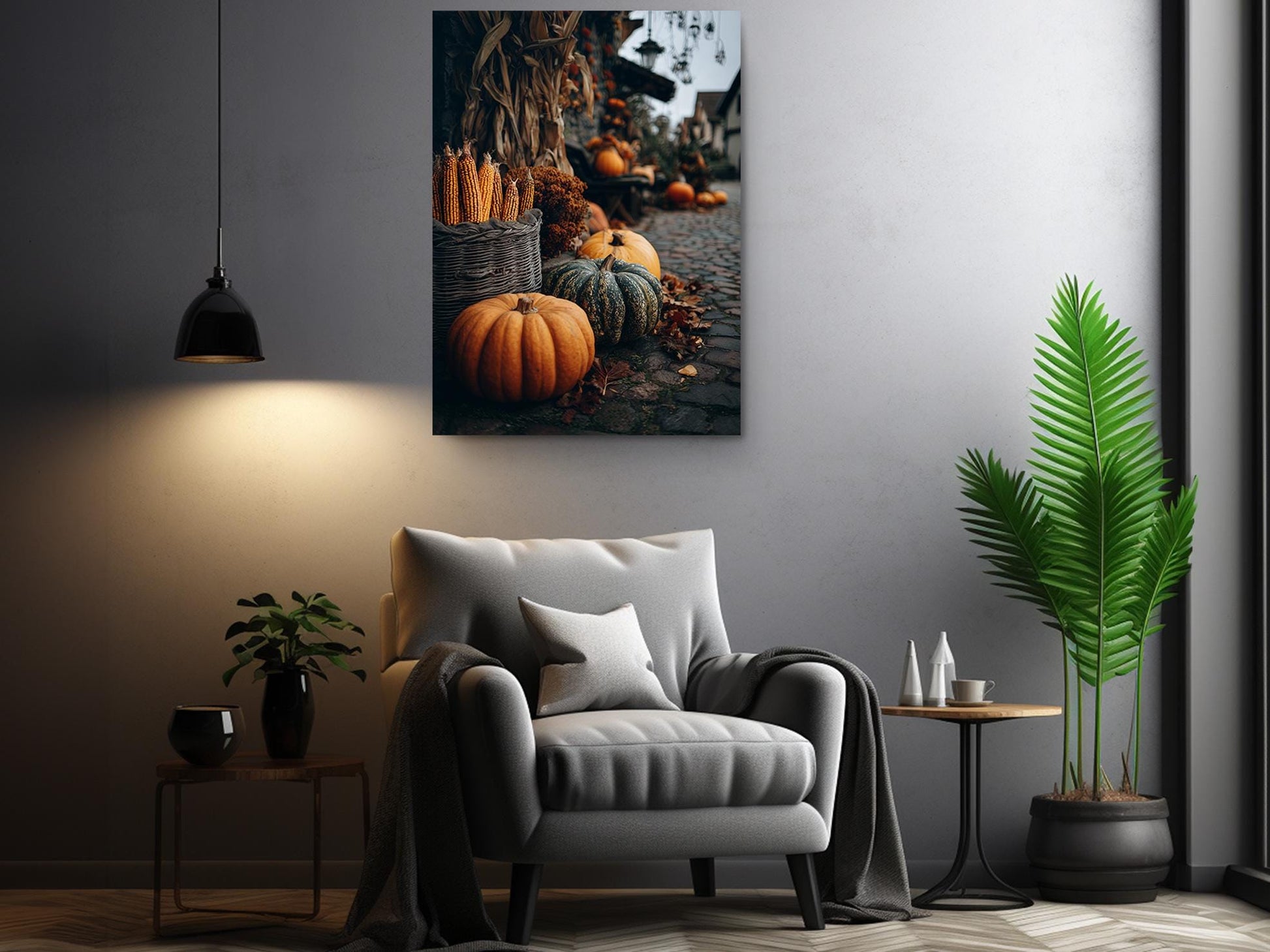 a cozy living room with a gray armchair, a potted plant, and a hanging lamp. Above the armchair, there is a framed photograph of pumpkins and gourds on a cobblestone path, creating a warm and inviting atmosphere.