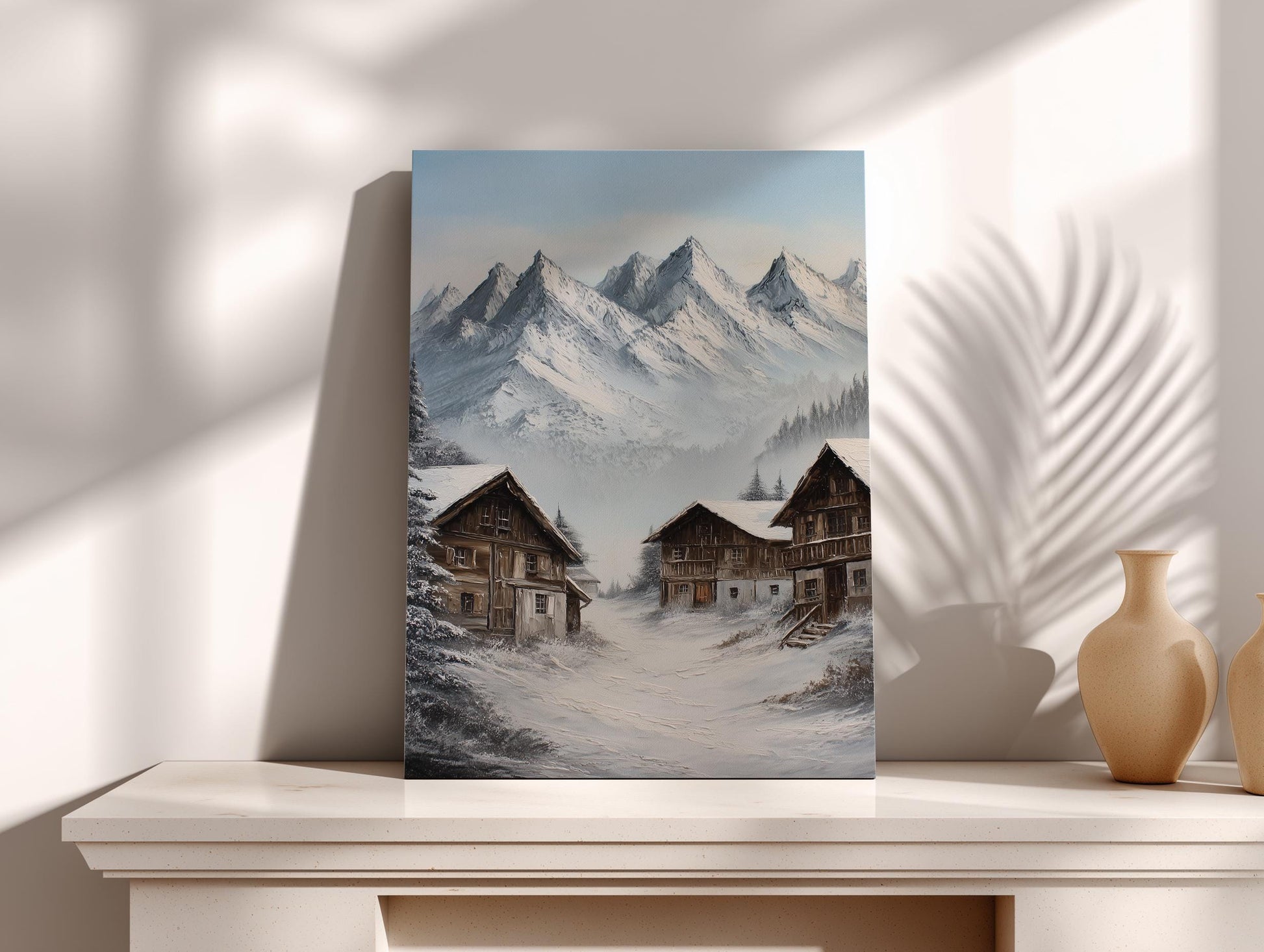 a snowy mountain village with wooden houses and trees covered in snow, set against a backdrop of majestic, snow-capped peaks.