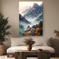a living room with a large painting of a mountainous landscape hanging on the wall above a couch. The painting depicts a serene mountain scene with colorful autumn foliage. The room is decorated with potted plants, a vase, and a wooden coffee table.