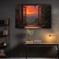 a serene indoor setting with a large window that opens up to a breathtaking view of a sunset over a lush, tropical landscape. The window is adorned with vibrant flowers, adding a touch of nature to the scene. The room is furnished with a desk, a chair, and a bookshelf, creating a cozy and inviting atmosphere. A lamp is also present in the room, providing a warm and comfortable ambiance.