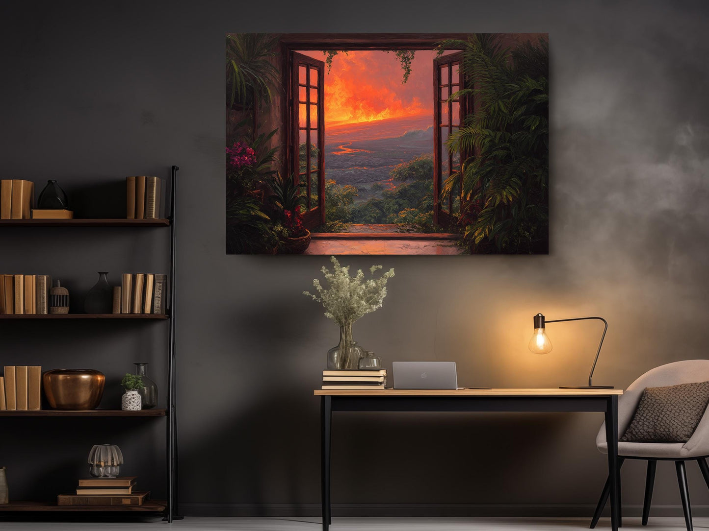 a serene indoor setting with a large window that opens up to a breathtaking view of a sunset over a lush, tropical landscape. The window is adorned with vibrant flowers, adding a touch of nature to the scene. The room is furnished with a desk, a chair, and a bookshelf, creating a cozy and inviting atmosphere. A lamp is also present in the room, providing a warm and comfortable ambiance.