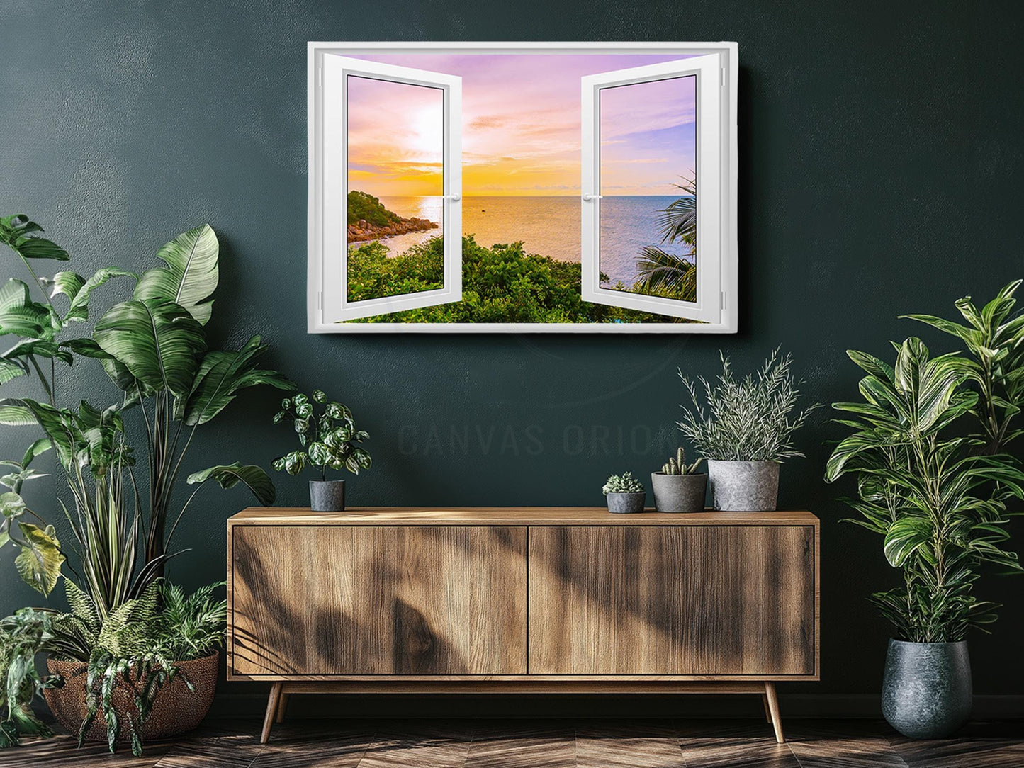 Tropical Sunset Canvas Print - Coastal Wall Art With Open Window Beach View