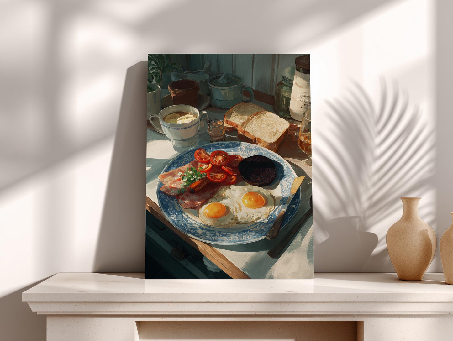 a breakfast scene with a plate of eggs, toast, and tomatoes, accompanied by a cup of coffee and a teapot.