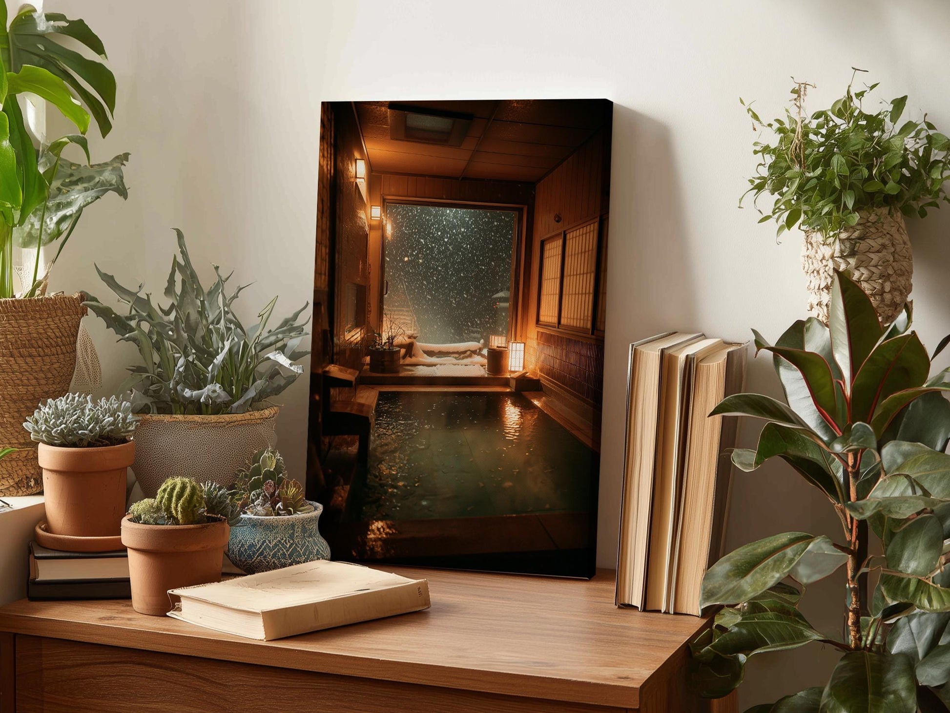 a wooden table with various plants, books, and a framed photograph of a serene indoor setting.