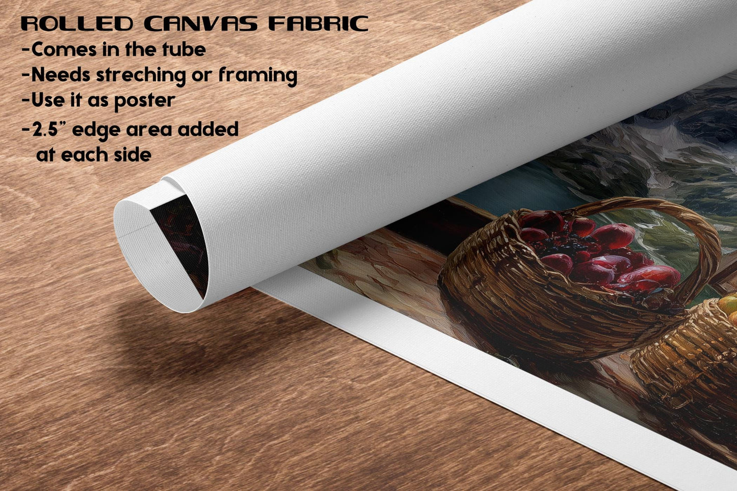 The image is a rolled canvas fabric with a painting of a basket of fruit on it. The text provides information about the canvas fabric, including that it comes in a tube, needs stretching or framing, and has a 2.5-inch edge area added at each side.