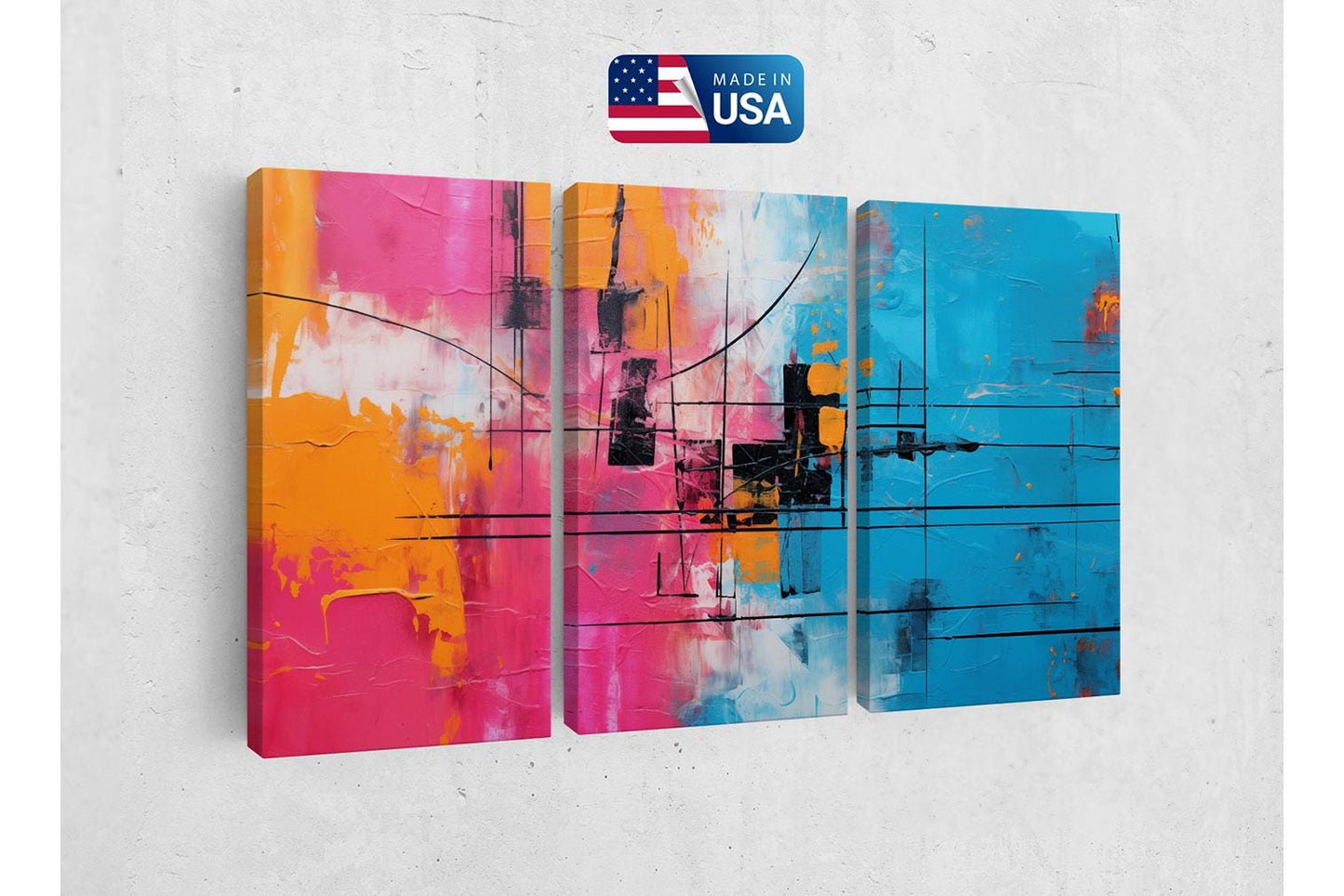 a set of three abstract paintings on a wall