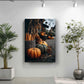 a wall with a large framed picture of pumpkins and gourds, surrounded by potted plants.