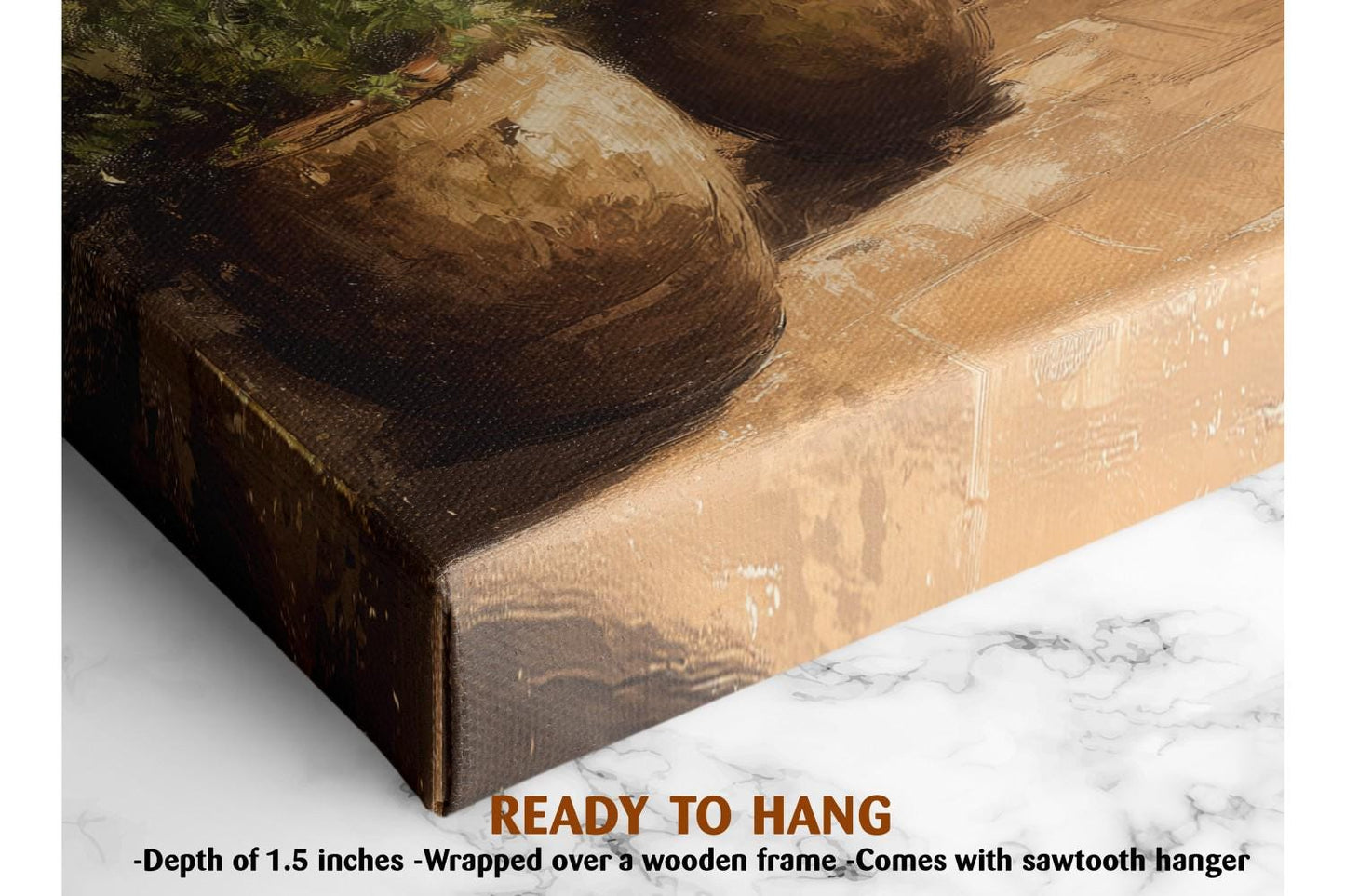 The image is a close-up of a wooden frame with a painting of a stone or rock on it, placed on a marble surface.