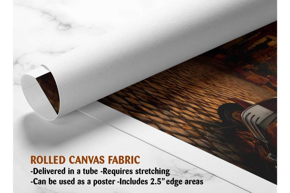 The image is a rolled canvas fabric, which is a type of canvas material used for painting or printing. It is described as a tube-delivered fabric, which means it is delivered in a tube and requires stretching before use. The fabric can be used as a poster, with a 2.5&quot; edge area.