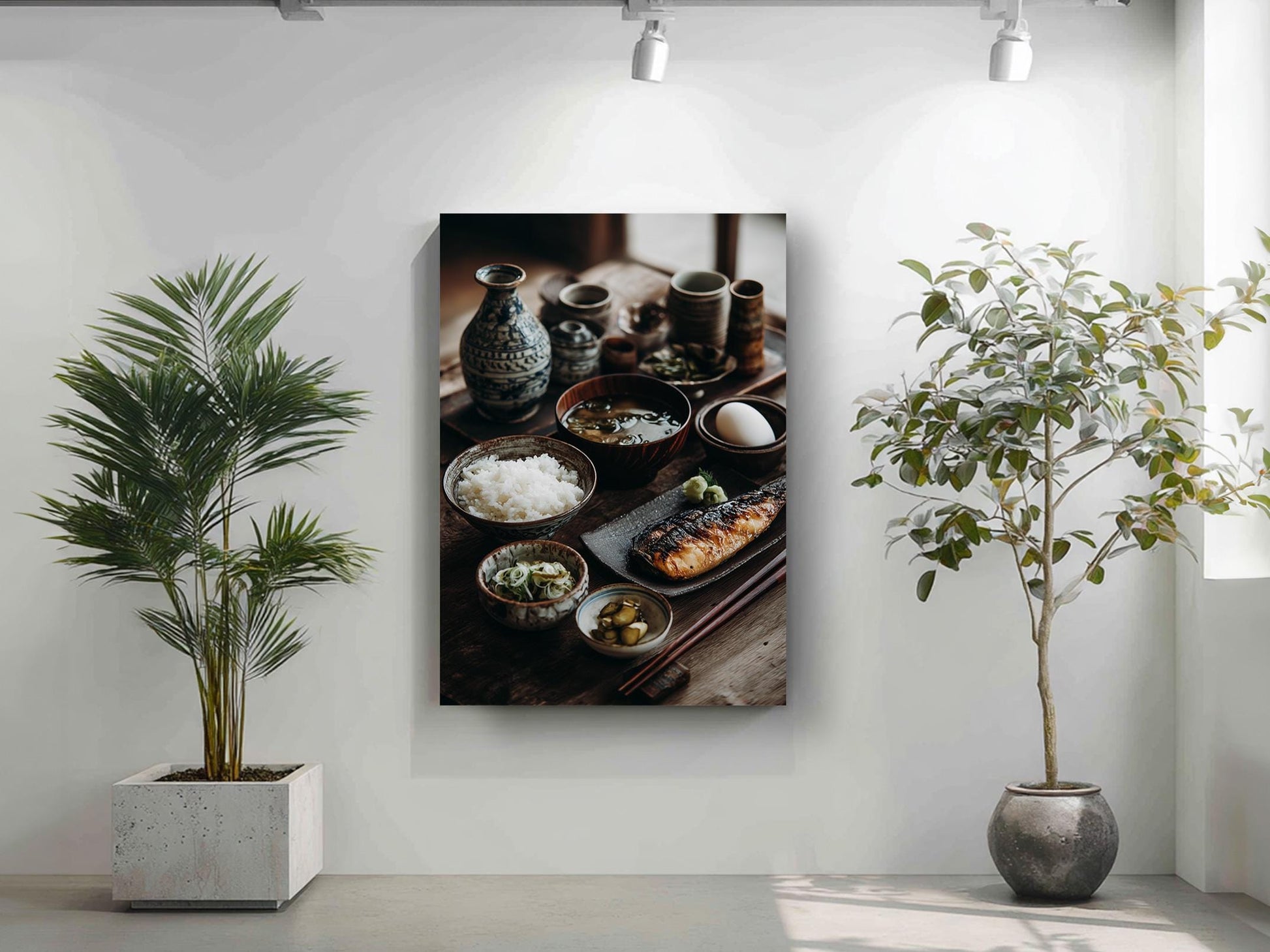 a wall with a large framed photograph of a table set with various dishes, including bowls of rice, a plate of food, and a vase. The photograph is surrounded by potted plants, creating a serene and inviting atmosphere.
