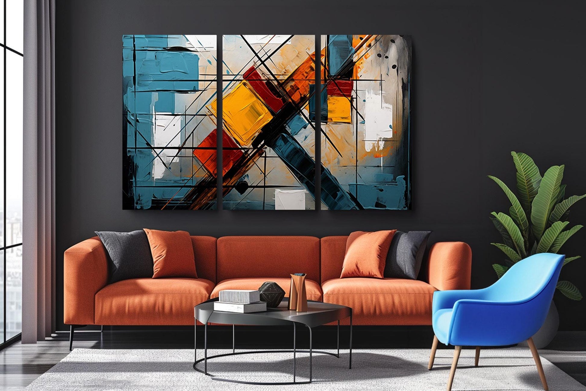 a living room filled with furniture and a painting on the wall