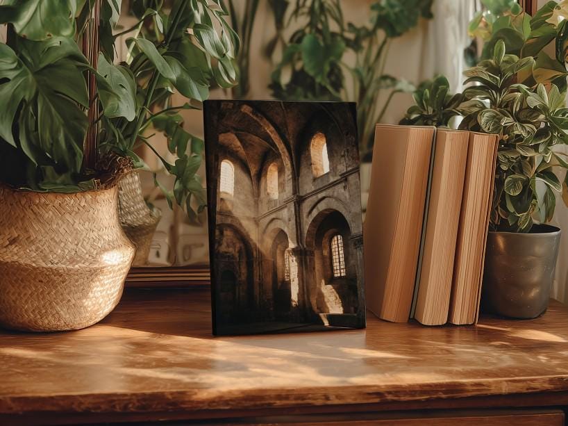 a wooden table with a framed photograph of an old building, surrounded by potted plants and books.