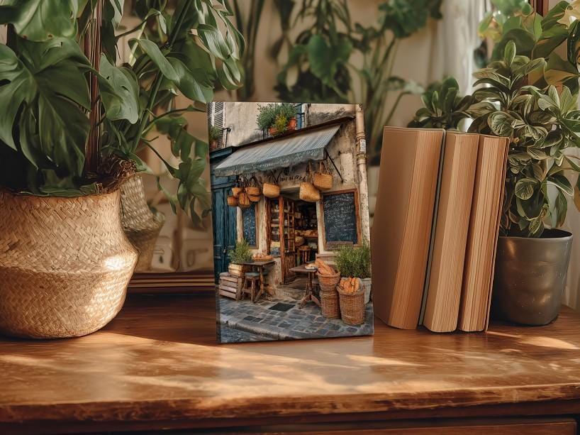 a wooden table with a framed photograph of a quaint shop, surrounded by potted plants and books, creating a cozy and inviting atmosphere.