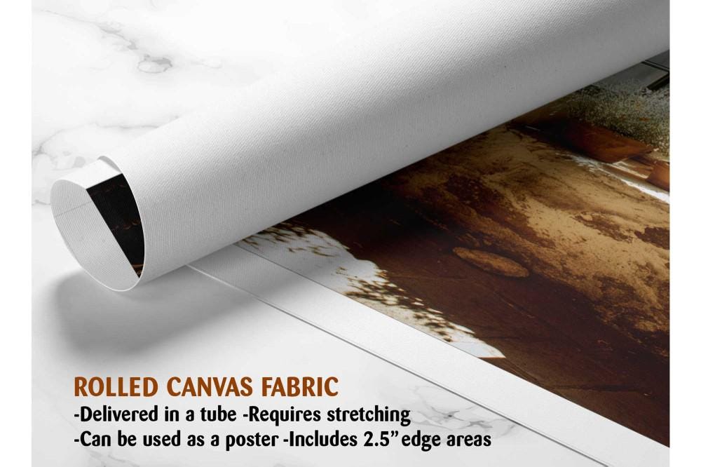 The image is a rolled canvas fabric, which is a type of canvas material used for painting or printing. It is described as a tube-delivered fabric that requires stretching and can be used as a poster with a 2.5&quot; edge.
