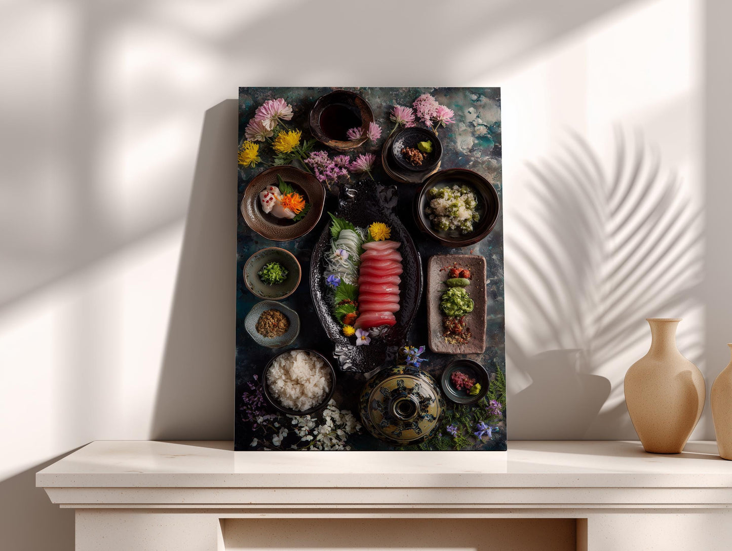 a vibrant and colorful arrangement of various food items, including bowls, plates, and a tray, displayed on a shelf or table.