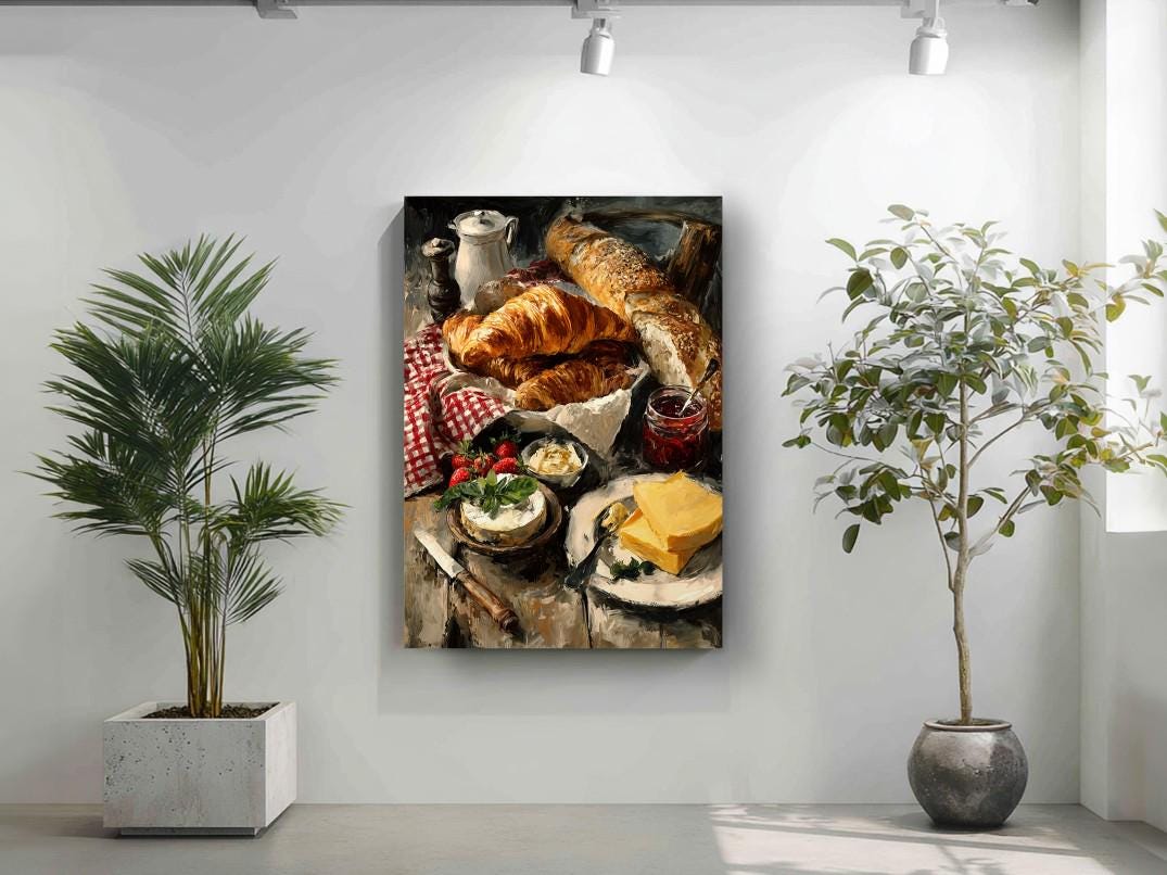 a cozy dining scene with a table set for a meal, featuring a variety of food items such as bread, cheese, and fruit.