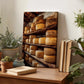 a wooden table with a framed photograph of a cheese rack, surrounded by various potted plants and books.
