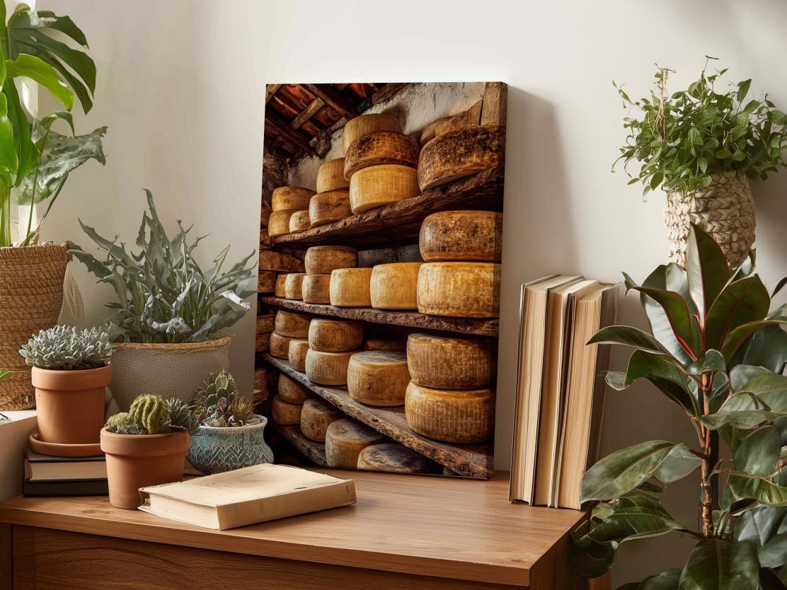 a wooden table with a framed photograph of a cheese rack, surrounded by various potted plants and books.
